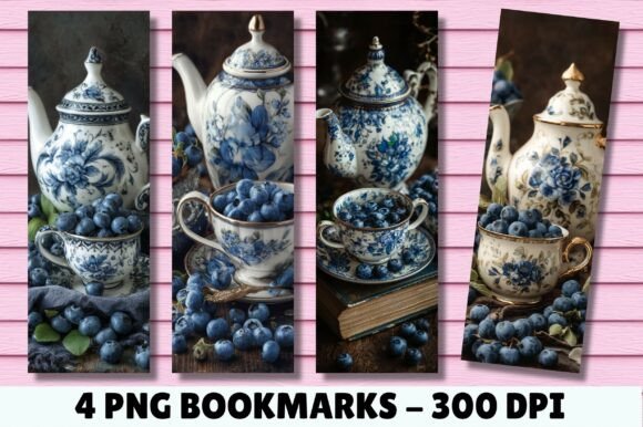 Aesthetic Blue Teapot Blueberry Bookmark
