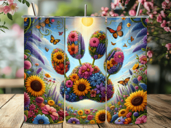 Floral Sunflower Dog Paw Tumbler Wrap for Branding and Packaging