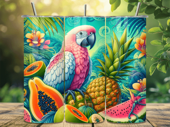 Tropical Parrot Fruit Summer Tumbler Wraps: A Vibrant Design Asset for Seasonal Projects