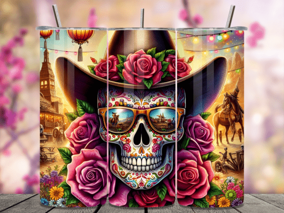 Western Cowboy Rose Skull Tumbler Wrap: A Bold Graphic Design Asset for Content Creators